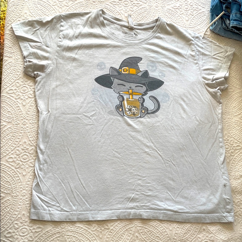 Tee turtle Gray T-Shirt pumpkin skull boba tea Witch Cat Graphic